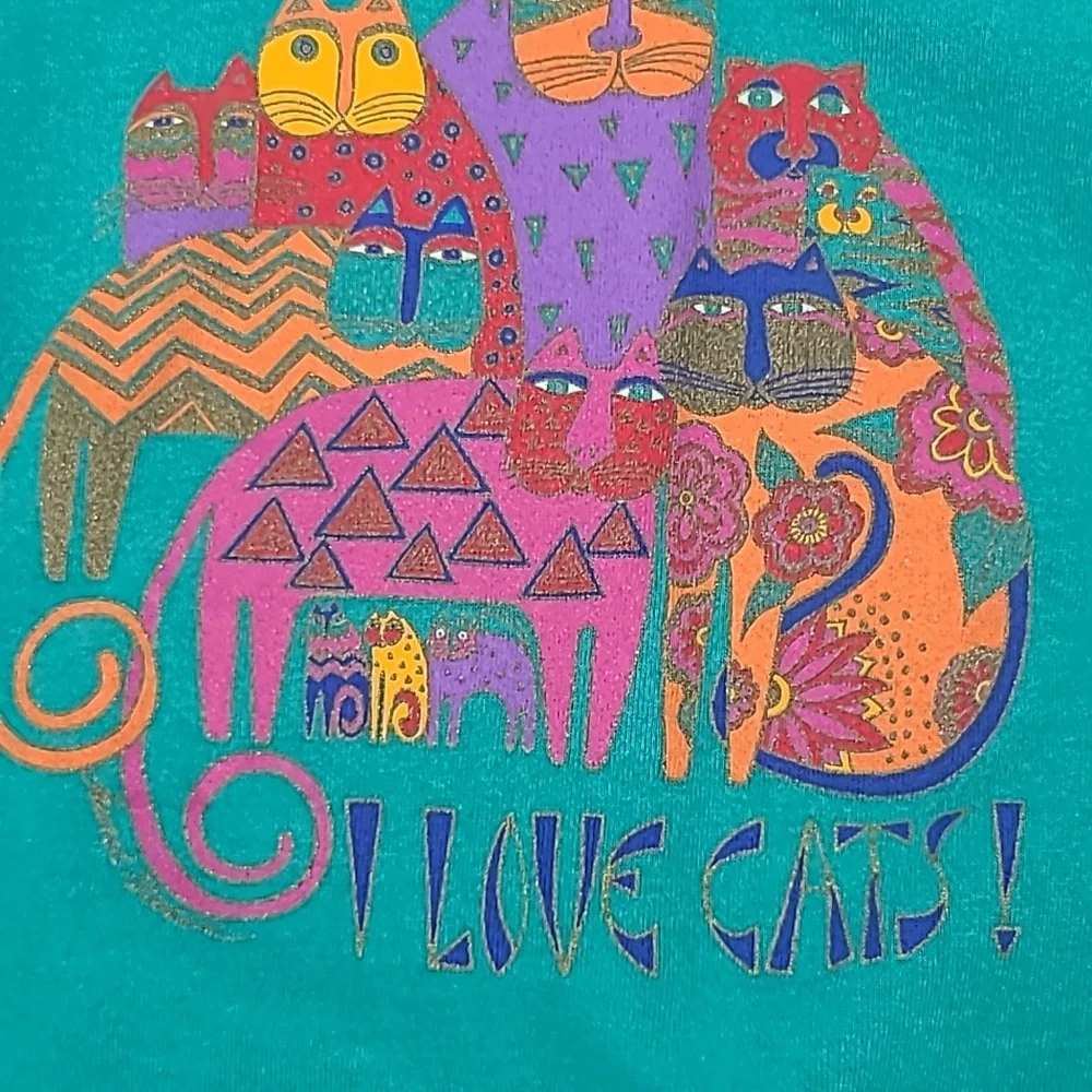 Vintage Laurel Burch I LOVE CATS! Sweatshirt teal green large hanes - Picture 16 of 16